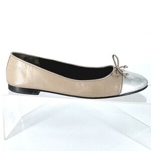 Tory Burch Size 10 Taupe Leather Silver Cap Toe Ballet Flats Bow